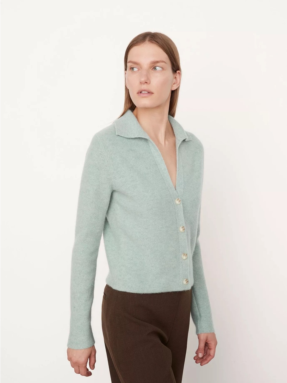 Vince Plush Cashmere Polo Buttoned Cardigan Mint